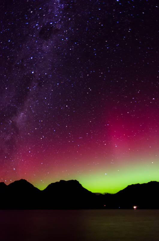 Aurora Australis and the Milky Way over Coles Bay, Tasmania.